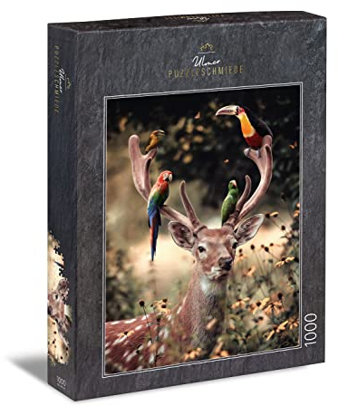 Ulmer Puzzleschmiede - Puzzle „Ausflug ins Grüne“ - Fantasievolles 1000 Teile Puzzle – Hirsch mit Tukan und Papageien auf dem Geweih als magisch-heiteres Vogel-Motiv - Puzzle Made in Germany