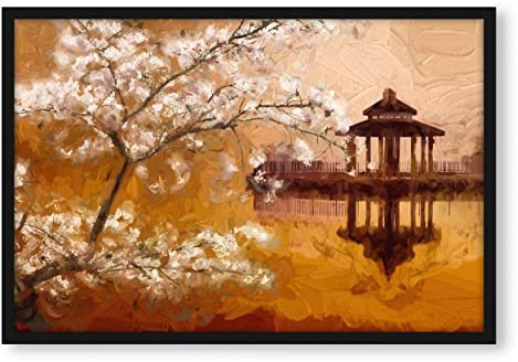 Pixxprint Kirschbaum an See, Poster im Bilderrahmen, Format: 55x40cm, Kunstdruck gerahmt