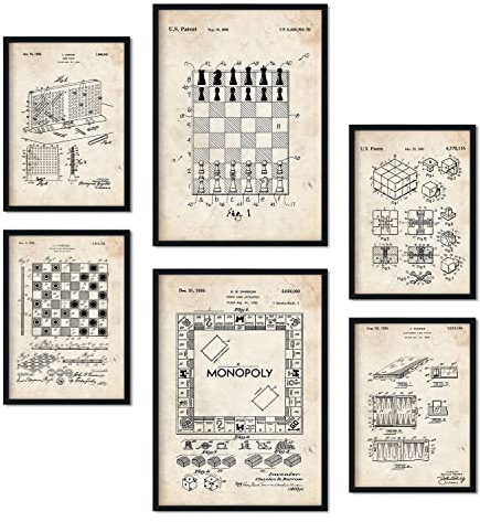 Nacnic Set von 6 Plakaten mit Brettspiel Patenten. Plakate mit Retro-Patentabbildungen. Inneneinrichtung im Vintage-Stil. Grösse A4 und A3. Ohne Rahmen.