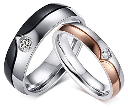Edelstahl Ring Verlobung, Partnerringe für Sie und Ihn Rosegold 6MM 4MM Poliert Bicolor Runden Zirkonia Paar Ringe mit Gravur Damen Gr. 54 (17.2) & Herren Gr. 57 (18.1)