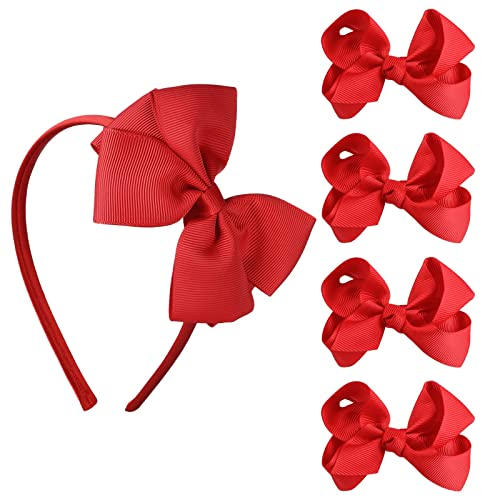 Sibba Rote Schleife Stirnband Clip Haarspangen 5 Teiliges Set Halloween Haarschmuck Kostüm Große Haarbänder Kinder Mädchen Kopfschmuck Make-up für Cosplay Party Cheer Weihnachten