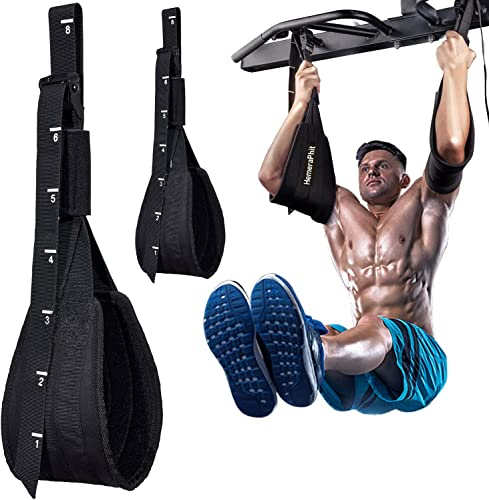HemeraPhit Verstellbare hängende Bauchgurte mit Schuppen-Bauchschlingen für Klimmzugstangen-Heimgymnastik-Übungen. Hängende Beinhebegurte in Schwarz aus Nylon, Neopren. Ideal für Resistance Training.