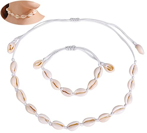 Vulevirtue 2 Stück Muschelkette Und Armband NatüRliche,Muschel Halskette Armband Set, natürliche Muschel-Choker-Halskette,Handgemachte Hawaii Halskette Schmuck Set für Mädchen Lady(Weiß)