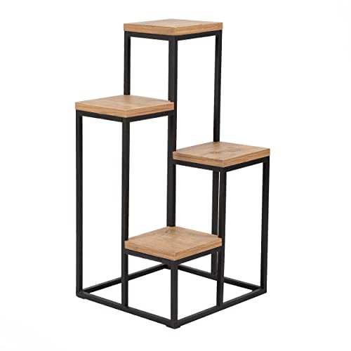 WDMT Industrieller Pflanzentisch mit Holz-Etageren – 67 x 20 x 77 cm – 4-stufiges Pflanzenregal aus Metall für drinnen und draußen – Quadratischer Pflanzenständer – Blumenregal – Mattschwarz