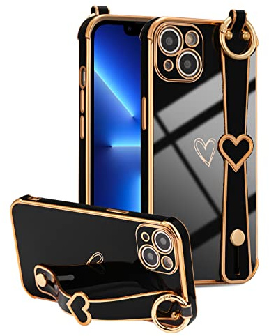 ZTOFERA Compatible with iPhone 13 Case with Wrist Strap, Flexible Silicone Protective Phone Case with Cute Heart Pattern Hand Strap Stand Finger Holder Gold Trim Shockproof Bumper Cover, Black