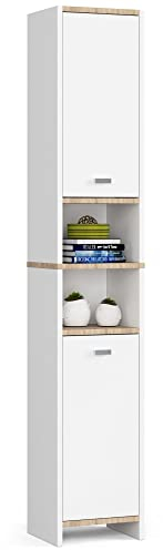 AKORD Bad-Hochschrank BETI 32 cm mit 2 Türen | Badsockel Praktisches Regal | Badezimmersäule Schränke | Ideal für kleine Bäder | B32 x H180 x T28 cm | Gewicht 24,70 kg | Weiß/Weiß