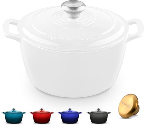 ROSSALLINI Signature Enameled Cast Iron Dutch Oven, Non-Stick Serving Pot with Tight Fitting Lid for Perfect Roasting, Baking, Sauteing, and Bread Making | 7.4Q (7L) - White