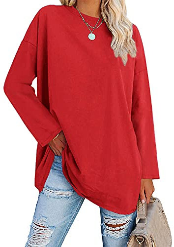 Ebifin Oversize Langarmshirt Damen Longshirt Rundhalsausschnitt Oberteil Langarm T Shirts Pullover Basic Tunika Tee Tops.Rot.L