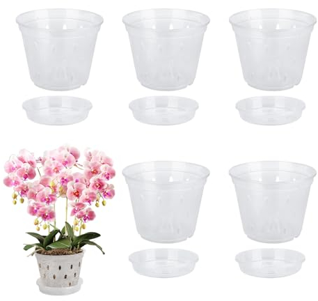 Yanuojie Seedling Pot, 5Pcs Plastic Clear Orchid Pot with Holes and Tray 14cmx10.5cmx9.3cm(Tray 13x2.5cm)