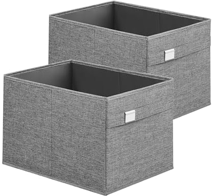 SONGMICS Storage Organisers, Set of 2 Wardrobe Storage Baskets, 40 x 30 x 25 cm, 2 Handles, Foldable, Oxford Fabric and Linen-Look Fabric, Washable, Metal Label Holders, Dove Grey ROB240G02