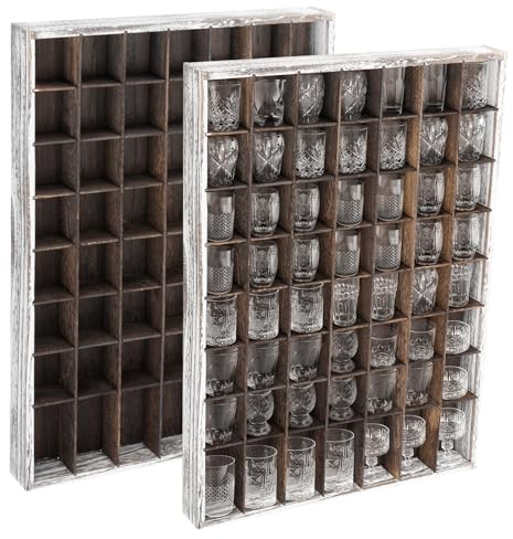 Uyoyous 56 Slots Rustic Wood Shot Glass Display Case, Wall Mounted Shot Glass Holder, 2 Pack, Burnt Wood, 25D x 2.2W x 18H