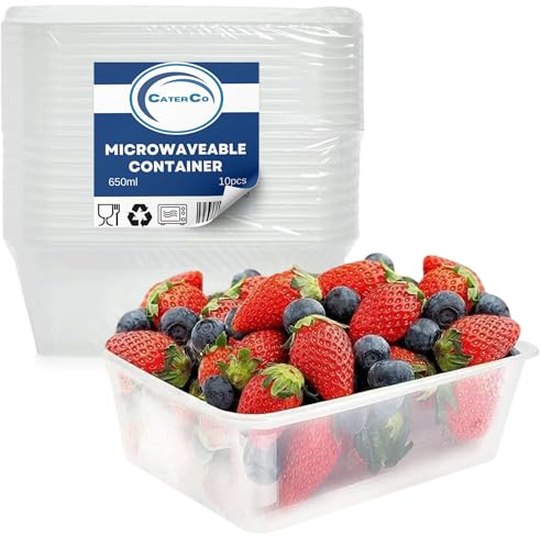 CaterCo Clear Rectangular Plastic Food Containers With Lids - Reusable, Microwave & Freezer Safe, Airtight, Recyclable, BPA-Free, Stackable Container for Meal Prep - Set of 10-650ml