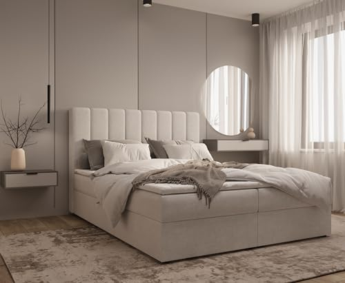 MOEBLO Boxspringbett 01 (Bonell-Matratze und Topper, Doppelbett gepolstertes Kopfteil mit Bettkasten Boxspringbett, aus Samt, Polsterbett Kontinentalbett, dekorativem Kopfteil) (Silber, 180x200)