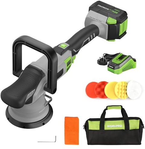 WORKPRO Cordless Buffer Polisher Kit, 20V Brushless Dual Action Car Polisher With 4.0Ah Battery, 7 Variable Speeds, D Handle for Detailing, Waxing