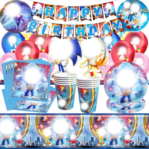Sonic Geburtstag Party Set - 66 PCS Partygeschirr, The Hedgehog Supplies, Helium Ballons, Deko und Geschirr