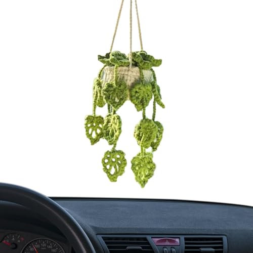 Crochet Hanging Plants, Knitted Plant Car Mirror Hanger, Basket Potted Plants Crochet Decor, Cute Potted Plants Crochet Car Hanging Basket Plant Knitted Plant Car Mirror