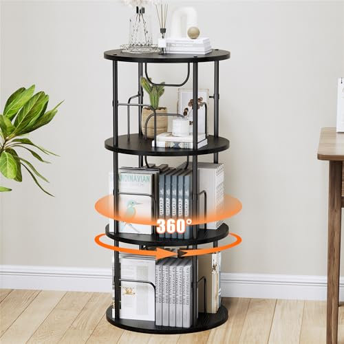360° Drehbares Bücherregal, Bodenstehendes Bücherschrank Aus Holz, Bookshelf Mit 3 Ebenen, Verstellbare Ebenen, Standregal, 45×45×97cm, Schwarz