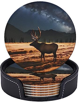 Elch In The Meadow Runde Leder-Untersetzer, 6 Stück, für Tischschutz, Heimdekoration, Einweihungsgeschenk, Barzubehör