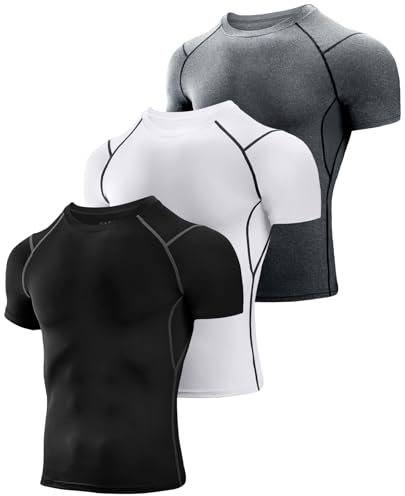 Niksa 3 Pack Compression Tops for Men Short Sleeve Mens Running Top Mesh Design Quick Dry Base Layer Top for Gym Sports Fitness Workout Cycling,Training, Black White Grey,M