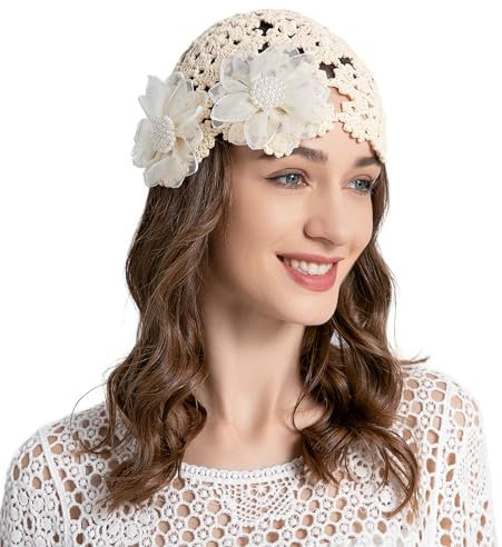 ZLYC Damen Mädchen Mütze Handgemachte Sommermütze Strickmütze, Dekorative Blumen Beige, One Size