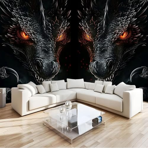 3D Panoramique Murale Fantastique Dragon Noir 350x256 cm Papier Peint Intissé pour Salon Chambre Enfant Chambre Décoration Murale Poster Tableaux Photo Muraux