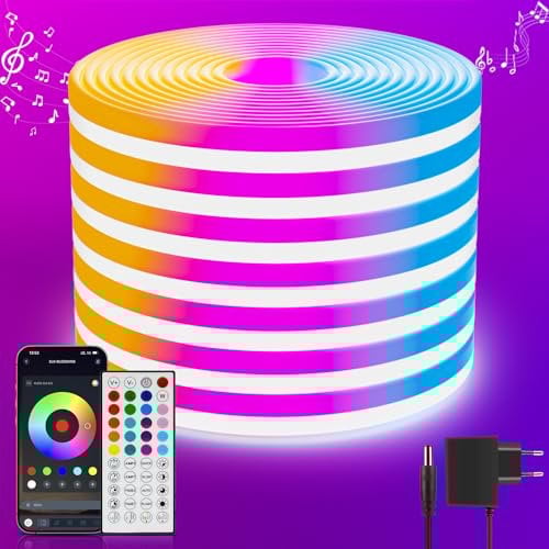 Neon Led Strip 10M RGB, Led Streifen mit APP Steuerung Fernbedienung, IP65 Outdoor Wasserdichte Flexible LeD Leiste, 24V LED Band Lichtschlauch Außen Innen Musik Sync DIY für Zimmer Raum Wand Gaming