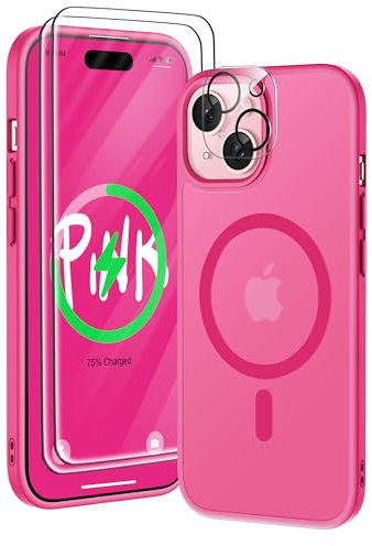 ORETECH Magnetic Case for iPhone 15 Case with 2 HD Screen Protector 1 Camera Protector, Fit for MagSafe, Translucent Matte Back Military Grade Shockproof Phone Case Cover - Hot Pink