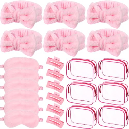 Hoteam 24 Stück Spa-Partyzubehör, 6 Spa-Stirnbänder, 6 Plüsch-Schlaf-Augenmasken, 6 Haarklammern, 6 transparente Kosmetiktaschen für Erwachsene, Übernachtungen, Schlummer, Party, Abschlussgeschenk