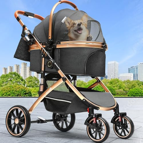YITAHOME 3in1 Klappbar Hundewagen, Hundebuggy Bis 22kg, Hunde Buggy, Leichter Aluminiumrahmen, Federnde Räder, Katzenkinderwagen mit Becherhalter und tragbarer Rucksack, für Hunde & Katz (Schwarz)
