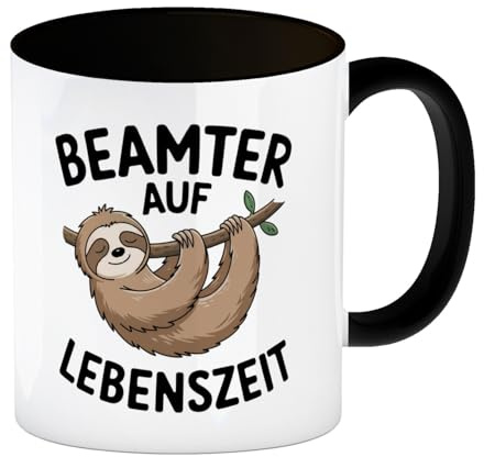speecheese Faultier an Ast - Beamter auf Lebenszeit Kaffeebecher in schwarz Entspanntes Faultier-Design mit grünem Blatt Humorvoller Kaffeebecher in schwarz für unbeschwerte Pausen