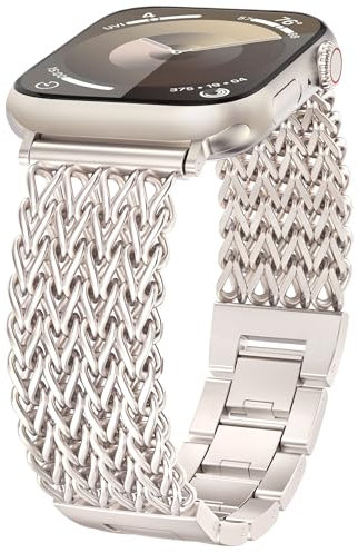 TOYOUTHS Compatible with Apple Watch Straps 38/40/41/42mm Women Dressy Stainless Steel Metal Gold Chain Strap Designer Cowboy Link Bracelet for iWatch Band Series 10 9 8 7 6 5 4 3 2 1 SE, Starlight