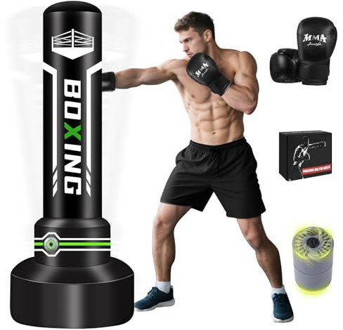 Sac de frappe sur pied amélioré pour adultes, sac de boxe avec pompe à air intégrée automatique et gants de 340,2 g, sac de frappe de 177,8 cm, sac lourd pour entraînement, MMA, Muay Thai, fitness