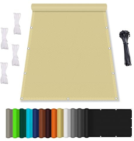 Sonnenschutz Balkon 1x4M, Balkonbespannung mit Seil, Sonnensegel Wasserdicht mit ösen, PES Polyester ReißFest Wetterfest, für Garten Terrasse Camping Sand Beige