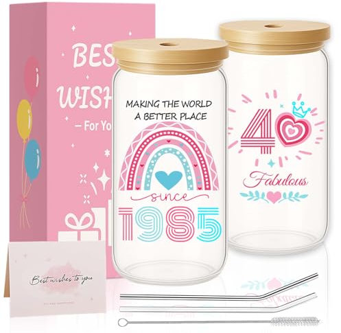 40th Birthday Gifts for Women, 40th Birthday Present Creative Glass Cups with Lids and Straws, Interesting Personalized Iced Coffee Glass Mug, Gifts For Best Friend Sister Wife Auntie Daughter Gift