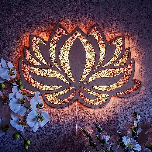 Lotus Flower Holz Mandala Nachtlicht Leuchtende LED Wandkunst Skulptur für Yoga Zimmer und Schlafzimmer, 37 x 25 cm