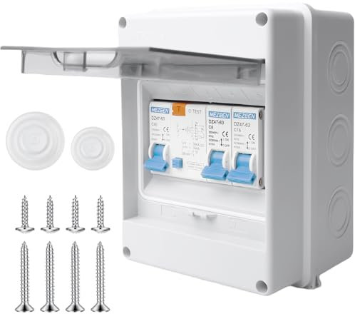 Sicherungskasten Aufputz IP65, Kleinverteiler Aufputz mit fi SchalterBringen AC 32A,Verteilerkasten Aufputz, Unterverteilung Aufputz, Aufputz Verteiler, Trennschalter 10A+10A für Büro Zuhause