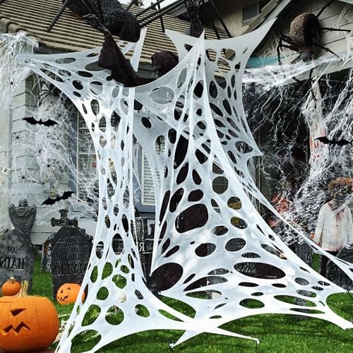 680 Sqft Zuschneidbare Dehnbares Spinnennetz Halloween Deko - Weißes Riesiges Halloween Gruselige Spinnweben mit Fake-Spinnen und Fledermäusen für Innen Outdoor Garten Horror Party Dekoration