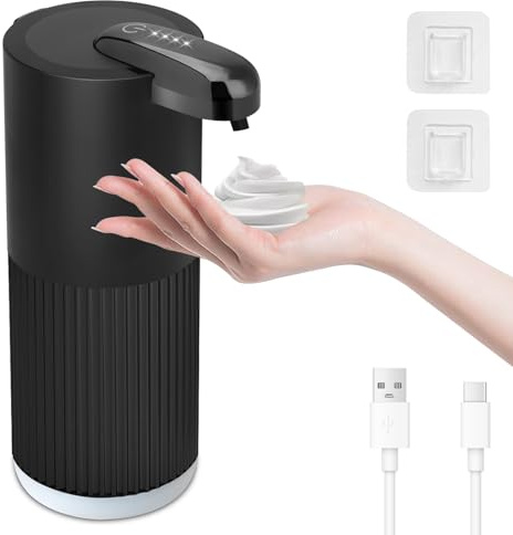 Cuteefun Automatisch Schaum Seifenspender, Schwarze Rillen, für Schaumseife | 4 Kontrollstufen, Wandmontage, 400ml Schaumseifenspender Elektrisch mit sensor, USB-C Wiederaufladbar, für Küche, Bad, Büro