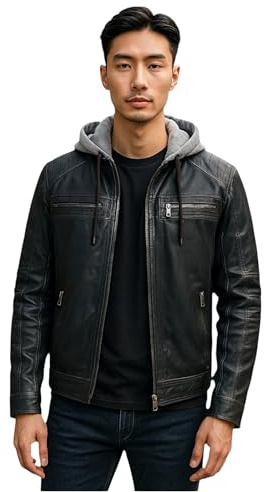 Men's Hooded Biker Real Lamb Leather Slim Motorbike Moto Casual Jacket