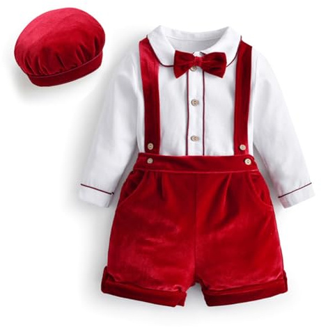 Yihuimin Set Battesimo Bimbo in Velluto Abiti Gentiluomo Tenuta Battesimo con Pantaloncini Bretelle Natale Anniversario Cerimonia Matrimonio età Mesi Anni Rosso 2-3 Anni