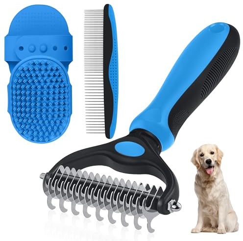 Neyakopaw Dog Grooming Rake 4-in-1 Kit - Deshedding Undercoat Rake, Dematting Comb & Bath Massager for Dogs & Cats - Reduces Shedding up to 95% - Rounded Teeth for Sensitive Skin, Long & Short Hair