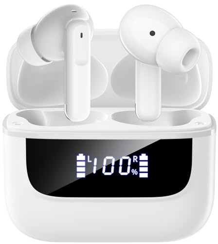 Wireless Earbuds, Bluetooth 5.4 In Ear Headphones 6 Mic ENC Noise Cancelling Clear Calls Stereo Deep Bass Ear Buds 48H Playtime Earphones LED Power Display IPX7 Waterproof, for Android iOS White