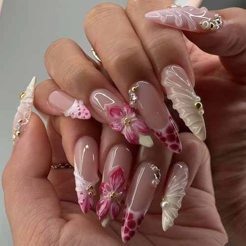 Auroriel Gelb Weiß Verlauf Almond Press On Nails 24 Pcs French Tip Pink Hawaii Flower Gold Rhinestones Art Nails for Gluing Summer Manicure Set for Women Teenagers Vacati