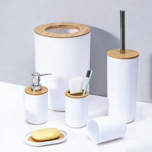 JETAINE 6 Pieces Bathroom Accessories set, Modern White Bathroom Accessory | Luxury Bathroom Bin and Toilet Brush Set, Bamboo Toothbrush Holder Tumbler Soap Dish Trash Can Soap Dispenser Bath Set Gift
