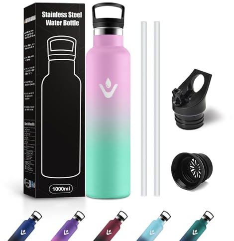 JAPORIA Borraccia Acciaio Inox 1L, Bottiglia Termiche con Cannuccia, Riutilizzabile, a Prova di Perdite, senza BPA, Termos per Gimnasio, Campeggio