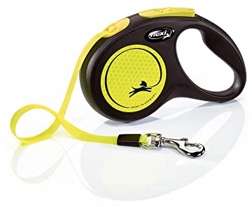 flexi® Neon S Gurt 5 m schwarz, neon-gelber Gurt, reflektierende Seitenfläche, Roll-Leine für Hunde bis 15 kg