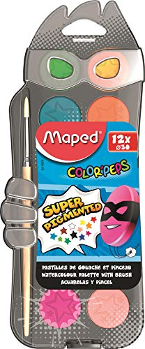 Maped - Palette de Peinture à l'Eau - 12 Pastilles de Gouache, Pinceau inclus - Couleurs Vives et Pigmentées - Format Nomade Refermable Longue Durée