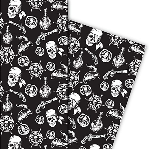 Kartenkaufrausch Cooles Piraten Geschenkpapier Set mit Totenkopf und Co, schwarz, für tolle Geschenk Verpackung, Designpapier, scrapbooking, 4 Bogen, 32 x 48cm