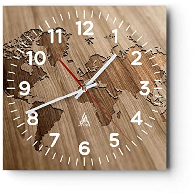 Modern Wanduhr Geographie Globus Karte 30x30cm Quadrat Klein Wand Uhr Glas Analog Zimmeruhren Küche Büro Wohnzimmer Glasuhr Wall Clock Dekoration Design Wanddekoration Küchenuhr C4AC30x30-3042