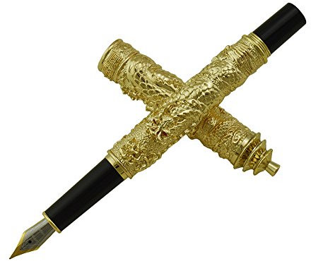 Fountain Pen, Jinhao Double Dragon Calligraphy Writing, Medium Nib, Executive Business Gift Pen, Vintage Pens, Collection Signature Pen with Ink Converter (Golden Tower)